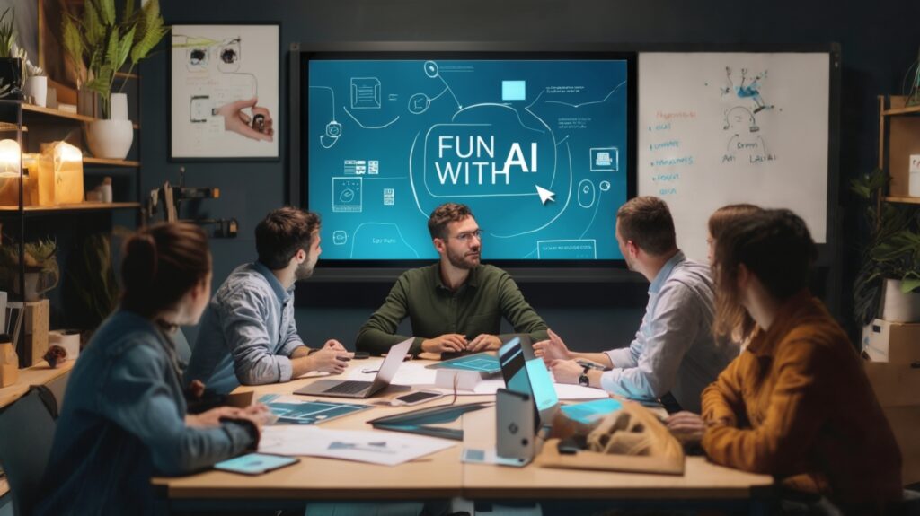 people sitting around a table with laptops and a big screen behind them saying Fun with AI.