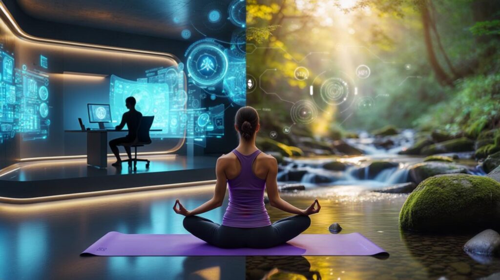 Woman meditating in the middle of a split image with a blue glowing tech room on the left and a nature inspired scene with rocks, trees, and a stream.